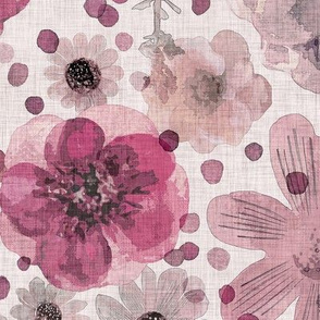 Hand Painted Floral Rose Extra Large Pink- Romantic Large Scale Watercolor Flowers- Spring Roses, Daisies and Wildflowers- Mauve- Rose- Spring- Jumbo Scale Botanical Wallpaper