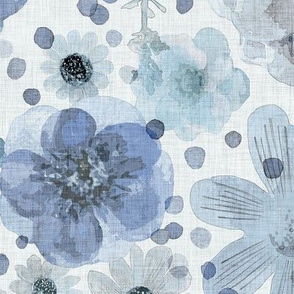 Hand Painted Floral Indigo Blue Extra Large- Romantic Large Scale Watercolor Flowers- Spring Roses, Daisies and Wildflowers- Jumbo Scale Botanical Wallpaper
