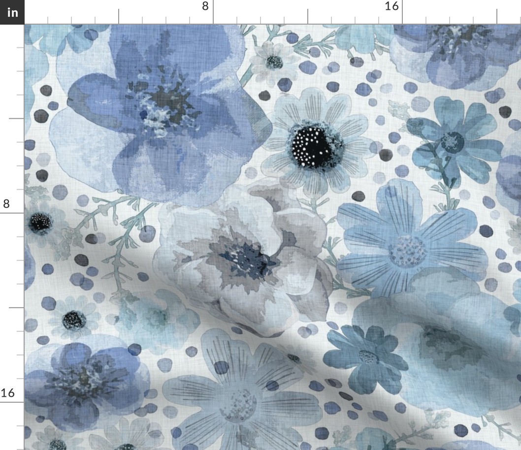 Hand Painted Floral Indigo Blue Extra Large- Romantic Large Scale Watercolor Flowers- Spring Roses, Daisies and Wildflowers- Jumbo Scale Botanical Wallpaper