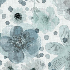 Hand Painted Floral Teal Extra Large- Romantic Large Scale Watercolor Flowers- Spring Roses, Daisies and Wildflowers- Blue- Jumbo Scale Botanical Wallpaper