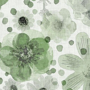 Hand Painted Floral Jade Green Extra Large- Romantic Large Scale Watercolor Flowers- Spring Roses, Daisies and Wildflowers- Jumbo Scale Botanical Wallpaper