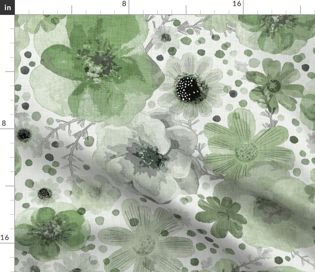 Hand Painted Floral Jade Green Extra Large- Romantic Large Scale Watercolor Flowers- Spring Roses, Daisies and Wildflowers- Jumbo Scale Botanical Wallpaper