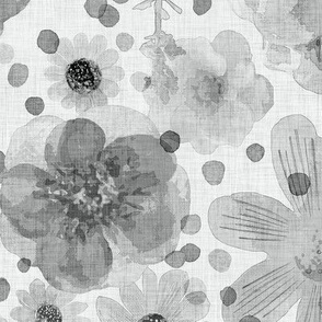 Hand Painted Floral Gray Extra Large- Romantic Large Scale Watercolor Flowers- Spring Roses, Daisies and Wildflowers- Black and White- Silver Wallpaper- Jumbo Scale Botanical Wallpaper