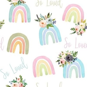 2" So Loved blush floral watercolor rainbow on white