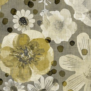Hand Painted Floral Golden Yellow Dark Background Extra Large. - Romantic Large Scale Watercolor Flowers- Spring Roses, Daisies and Wildflowers- Mustard- Jumbo Scale Botanical Wallpaper