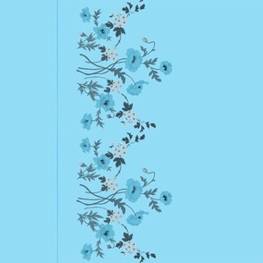 Aqua Sky Blue Poppies & Hawthorn Border Print