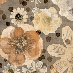 Hand Painted Floral Sienna Dark Background Extra Large- Romantic Large Scale Watercolor Flowers- Spring Roses, Daisies and Wildflowers- Fall, Autumn Colors- Thanksgiving- Jumbo Scale Botanical Wallpaper