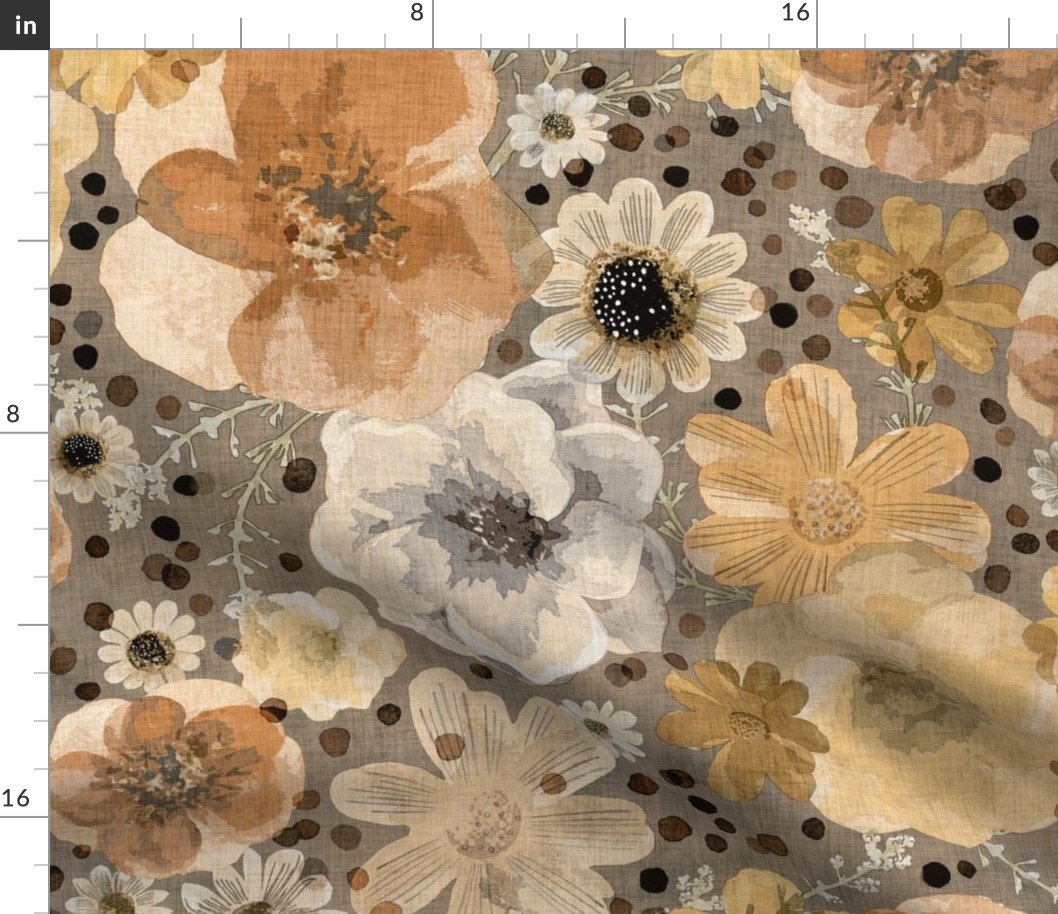 Hand Painted Floral Sienna Dark Background Extra Large- Romantic Large Scale Watercolor Flowers- Spring Roses, Daisies and Wildflowers- Fall, Autumn Colors- Thanksgiving- Jumbo Scale Botanical Wallpaper