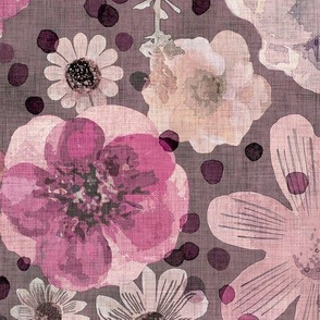 Hand painted Floral Rose Dark Background Extra Large- Romantic Large Scale Watercolor Flowers- Spring Roses, Daisies and Wildflowers- Pink- Mauve- Jumbo Scale Botanical Wallpaper