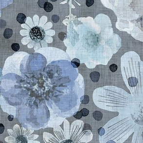 Hand Painted Floral Indigo Blue Dark Background Extra Large- Romantic Large Scale Watercolor Flowers- Spring Roses, Daisies and Wildflowers- Jumbo Scale Botanical Wallpaper