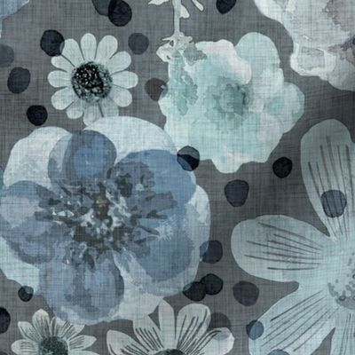 Hand Painted Floral Teal Dark Background Extra Large- Romantic Large Scale Watercolor Flowers- Spring Roses, Daisies and Wildflowers- Blue- Jumbo Scale Botanical Wallpaper