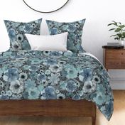 Hand Painted Floral Teal Dark Background Extra Large- Romantic Large Scale Watercolor Flowers- Spring Roses, Daisies and Wildflowers- Blue- Jumbo Scale Botanical Wallpaper