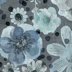 Hand Painted Floral Teal Dark Background Extra Large- Romantic Large Scale Watercolor Flowers- Spring Roses, Daisies and Wildflowers- Blue- Jumbo Scale Botanical Wallpaper