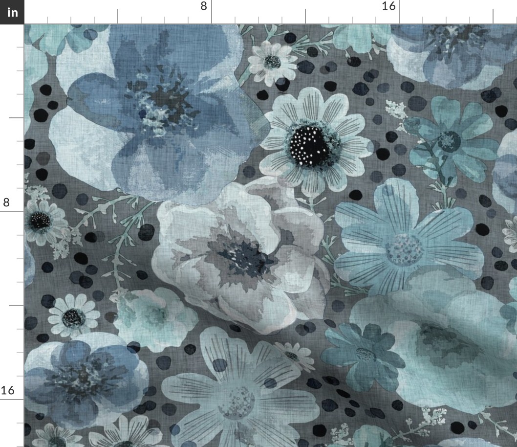 Hand Painted Floral Teal Dark Background Extra Large- Romantic Large Scale Watercolor Flowers- Spring Roses, Daisies and Wildflowers- Blue- Jumbo Scale Botanical Wallpaper