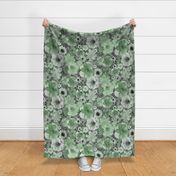 Hand Painted Floral Jade Green Dark Background Extra Large- Romantic Large Scale Watercolor Flowers- Spring Roses, Daisies and Wildflowers- Jumbo Scale Botanical Wallpaper