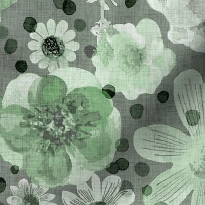 Hand Painted Floral Jade Green Dark Background Extra Large- Romantic Large Scale Watercolor Flowers- Spring Roses, Daisies and Wildflowers- Jumbo Scale Botanical Wallpaper