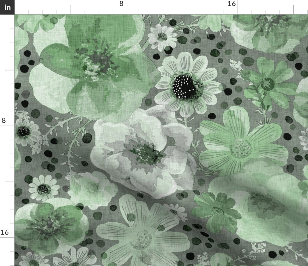 Hand Painted Floral Jade Green Dark Background Extra Large- Romantic Large Scale Watercolor Flowers- Spring Roses, Daisies and Wildflowers- Jumbo Scale Botanical Wallpaper