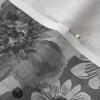 Hand Painted Floral Gray Dark Background Extra Large- Romantic Large Scale Watercolor Flowers- Spring Roses, Daisies and Wildflowers- Black and White- Silver- Jumbo Scale Botanical Wallpaper