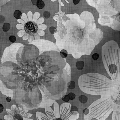 Hand Painted Floral Gray Dark Background Extra Large- Romantic Large Scale Watercolor Flowers- Spring Roses, Daisies and Wildflowers- Black and White- Silver- Jumbo Scale Botanical Wallpaper