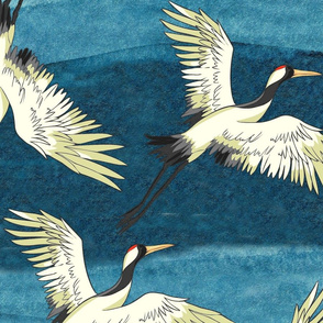 White Cranes Blue Ocean Flight
