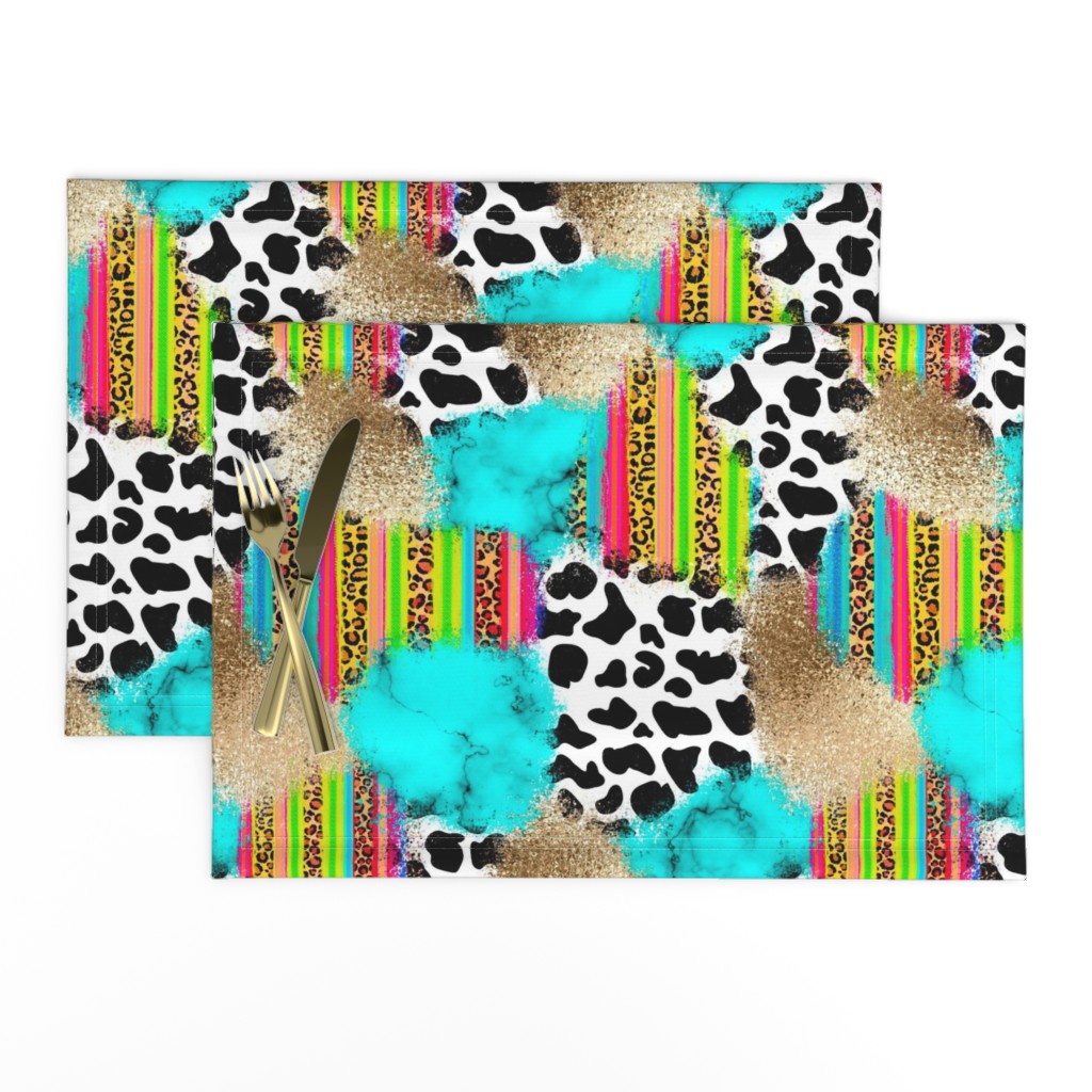 Large Serape Cow Print Turquoise Gold Animal Print Abstract