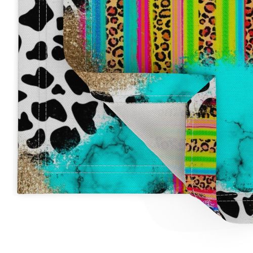 Large Serape Cow Print Turquoise Gold Animal Print Abstract