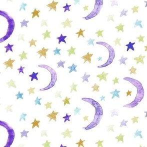dreamy amethyst moons and stars for modern nursery - watercolor astrology kids baby night sky a 123
