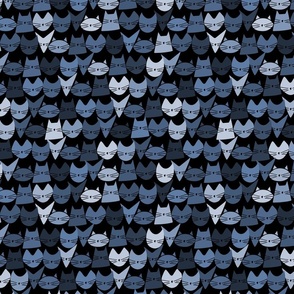 small scale cat - jelly cats shades of blue on black - hand-drawn cat fabric
