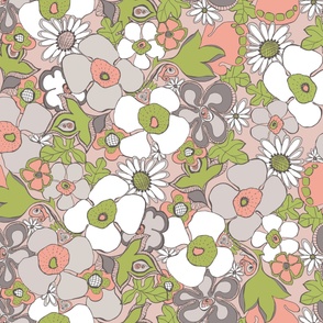 Floral Doodles Salmon Blush Pink Rose Taupe Green White