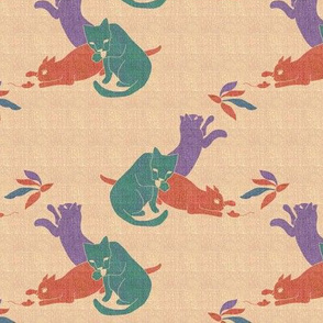 Retro Cats at Play on Linen Look 6