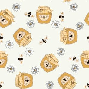 Honey fabric - honey bees, daisies cute design - cream