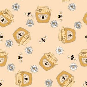 Honey fabric - honey bees, daisies cute design - Peach
