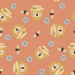 Honey fabric - honey bees, daisies cute design - Caramel