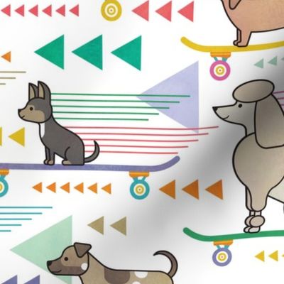 Skateboarding Dogs Multicolored Medium- Dog Board Sports- Skateboard for Pets- Spaniel- Chihuahua- Poodle- Dachshund- Doxie- Poodle- Corgi- Pug- Terrier-Home Decor- white Background