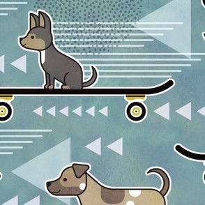 Skateboarding Dogs Teal Large- Dog Board Sports- Skateboard for Pets- Spaniel- Chihuahua- Poodle- Dachshund- Doxie- Poodle- Corgi- Pug- Terrier-Large Scale- Home Decor- Wallpaper- Green