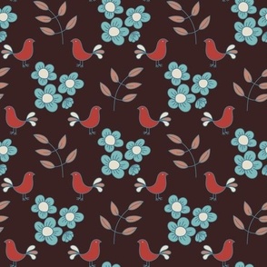 brown folk floral bird pattern