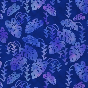Monstera and Heliconia tie dye- dk. blue purple