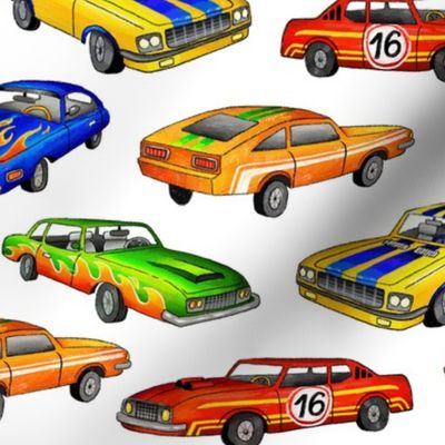 racing cars (blue, red, orange, green, yellow)