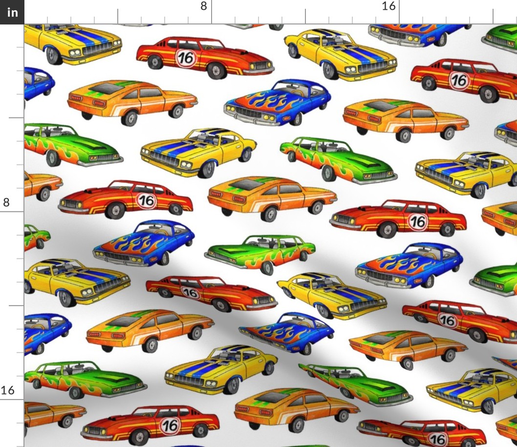 racing cars (blue, red, orange, green, yellow)