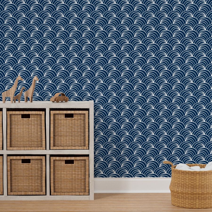 Art deco navy blue Ocean Wave , Art Wallpaper | Spoonflower