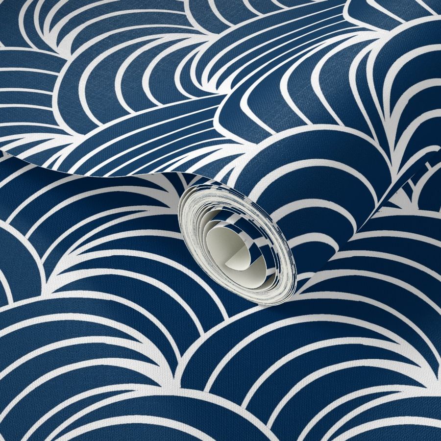 Art deco navy blue Ocean Wave , Art Wallpaper | Spoonflower