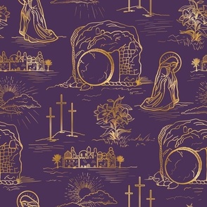 He is Not Here For He is Risen, Easter Toile de Jouy, Gold/Purple by Brittanylane
