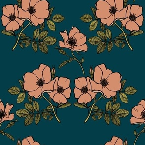 Vintage Wild Roses - dark teal and coral