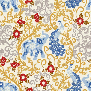 Elephant and Peacock Rococo- Gold Silver Filigree with Pastel Blue Indian Elephant Lapis lazuli Blue Peacock Red Flowers on Eggshell White Linen Texture- Large Scale