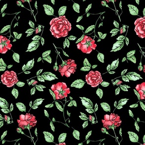 Vintage Watercolor roses black background repeat