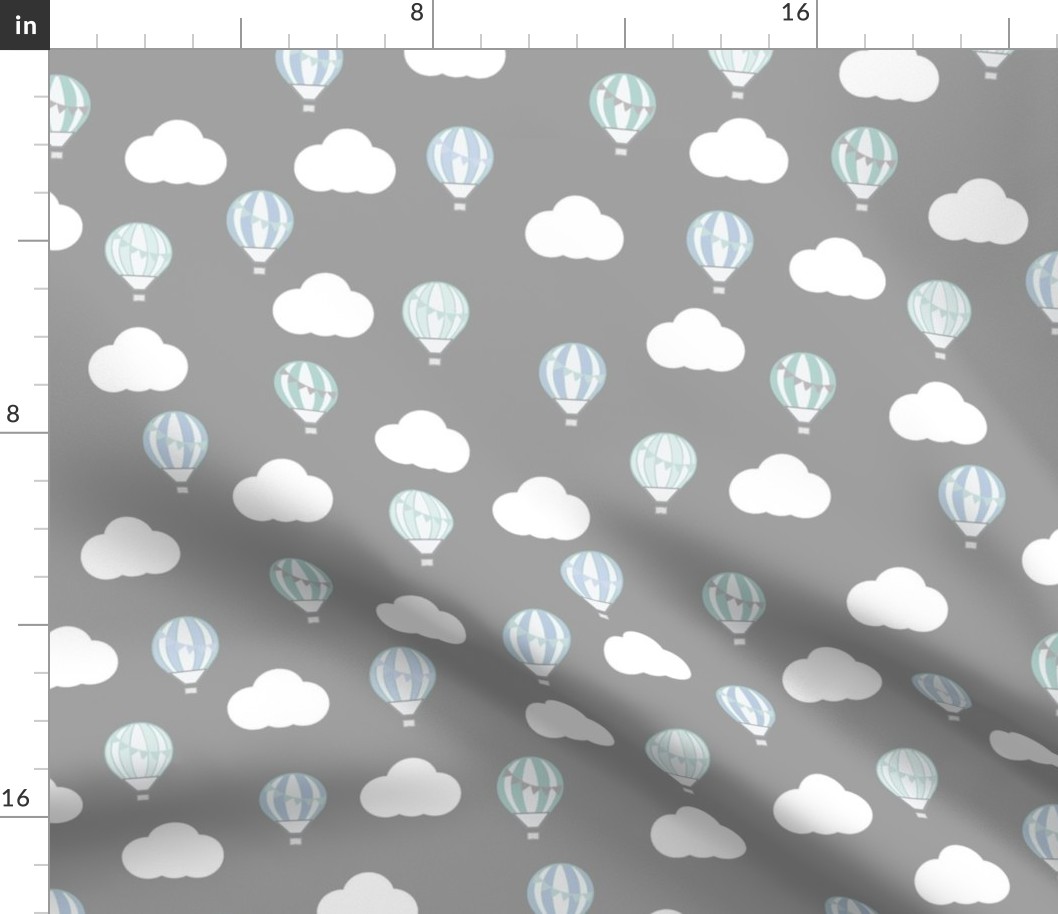 Grey Fabric with Hot Air Balloon and Clouds Design