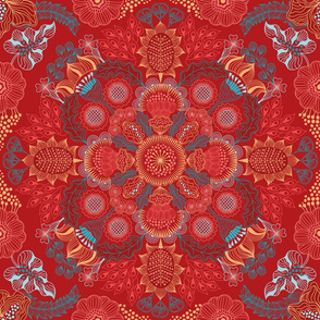 Complex floral symmetrical pattern in classic style on a red background
