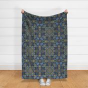 Complex floral symmetrical pattern in a classic style in blue and green tones