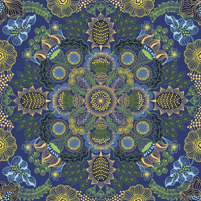 Complex floral symmetrical pattern in a classic style in blue and green tones