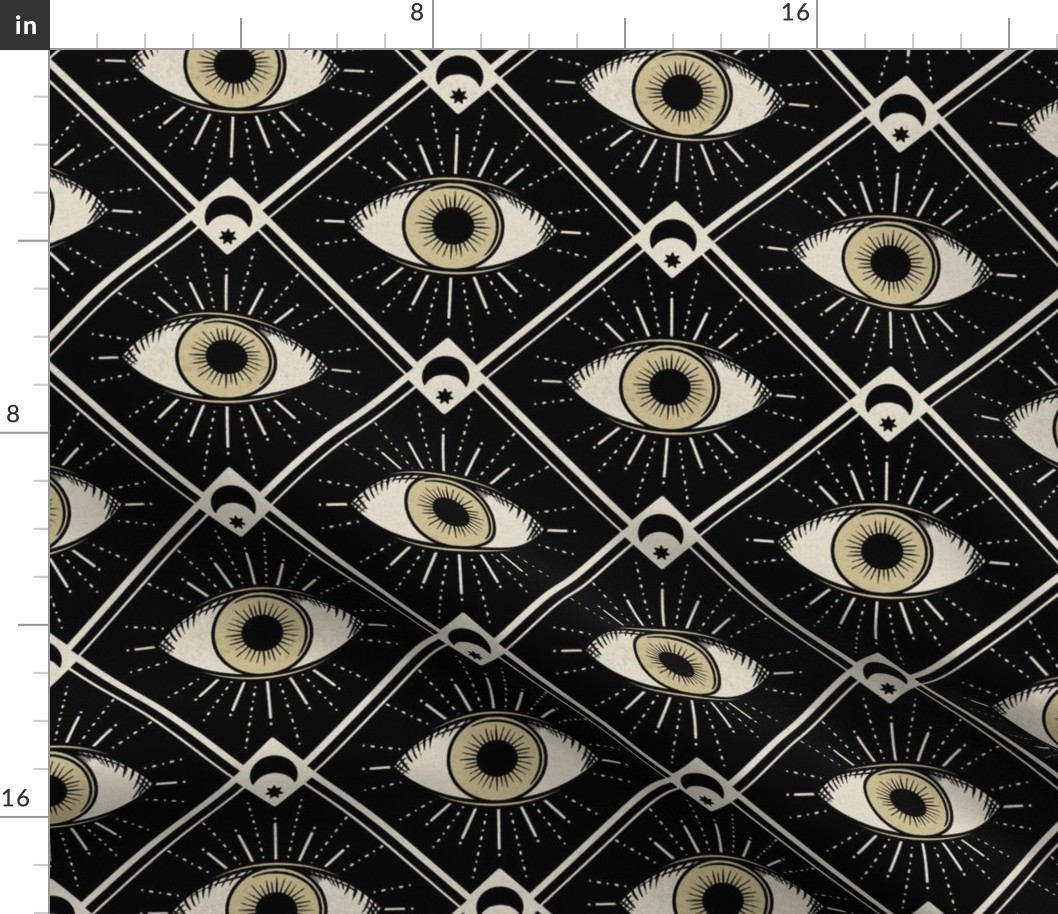 Esoteric eyes and moons geometric on black - 8.3 inch wide